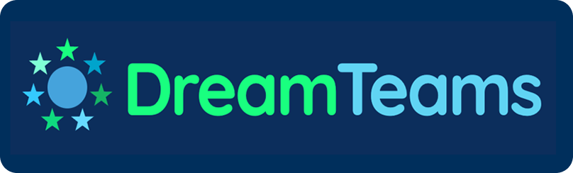 DreamTeams logo with teal text and stars